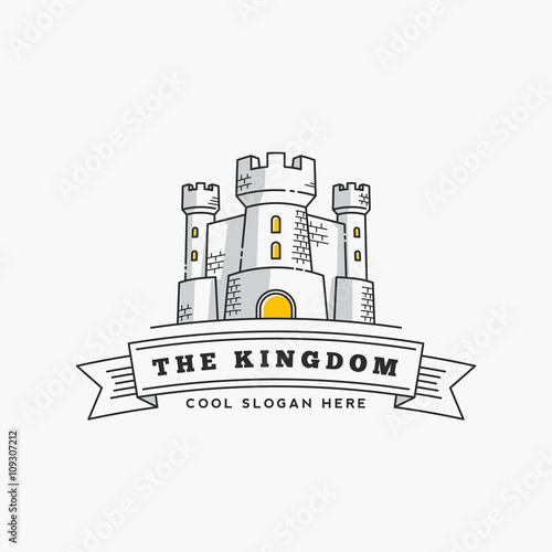 Abstract Vector Kingdom Label, Sign or Logo Template. Fortress Symbol. Castle Icon. Tower Illustration with Flags and Typography in Line Style.