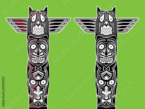 indian totem carved owl and scary faces