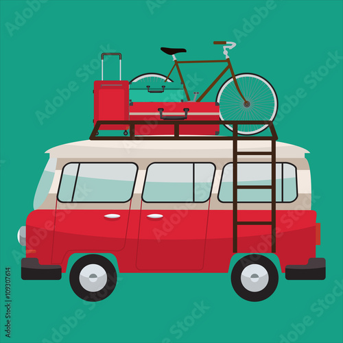 Camper van with bags and bicycle on roof bars. Summer vacation. Vector flat color design