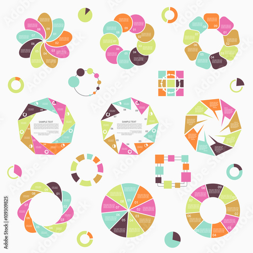 Flat diagrams set, nine steps or processes