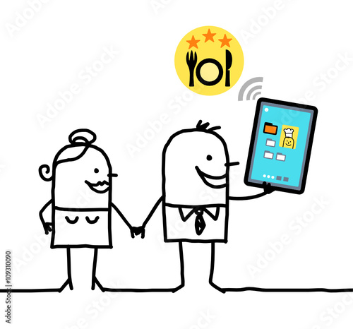 cartoon character with tablet - restaurant