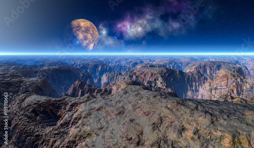 Fototapeta Naklejka Na Ścianę i Meble -  Vollmond über roter Canyon Fels Landschaft auf einem fremden Planeten.Weitwinkel Panoramablick.
