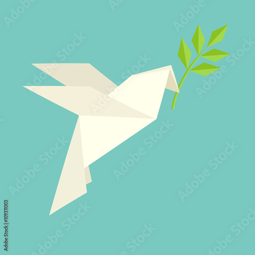 Origami dove flies and carries a twig