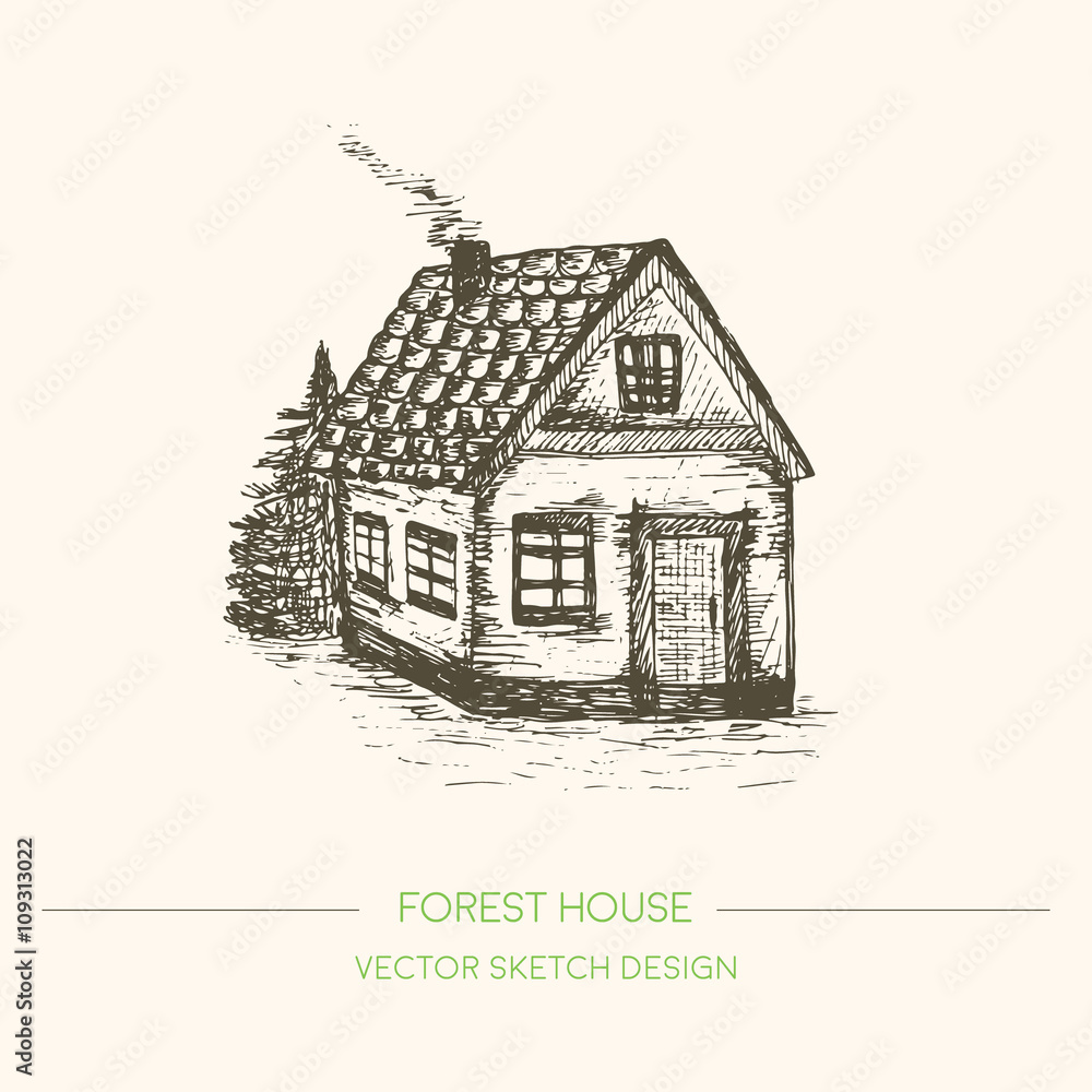 Wood house in retro sketch style. Vector vintage background. Hand drawn