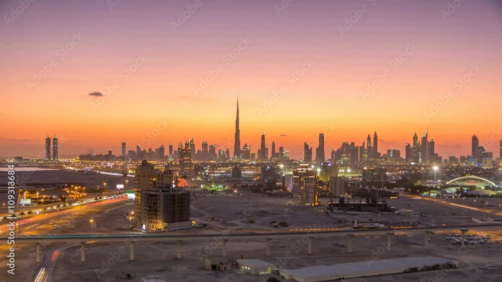 Skyline of Downtown Dubai day to night timelapse. Skyline of Downtown Dubai day to night timelapse.