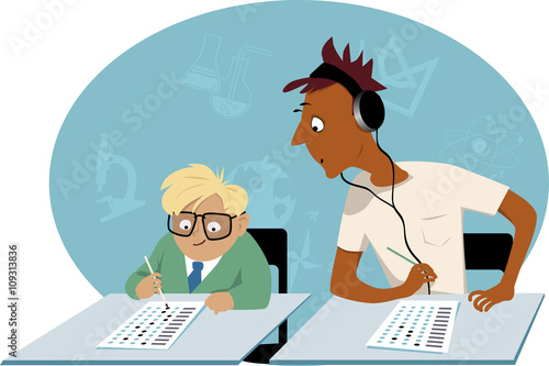 Teenage student peeking into a little kid test, EPS 8 vector illustration, no transparencies