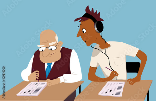Teen student peeking into a test of an elderly student, EPS 8 vector illustration, no transparencies