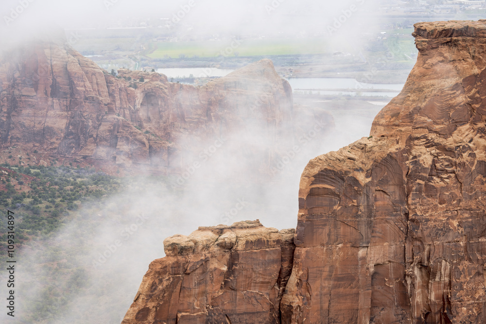 sandstone formations in fog