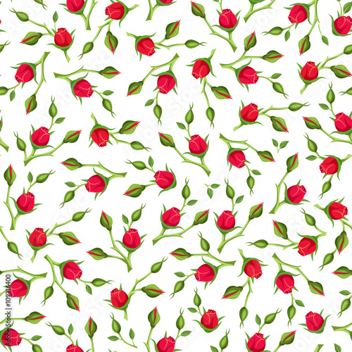 Vector seamless pattern with red rose buds on a white background.