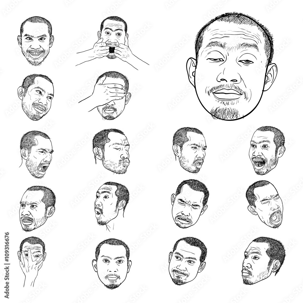 Drawing set of young asian man's portraits Drawing set of young asian man's portraits