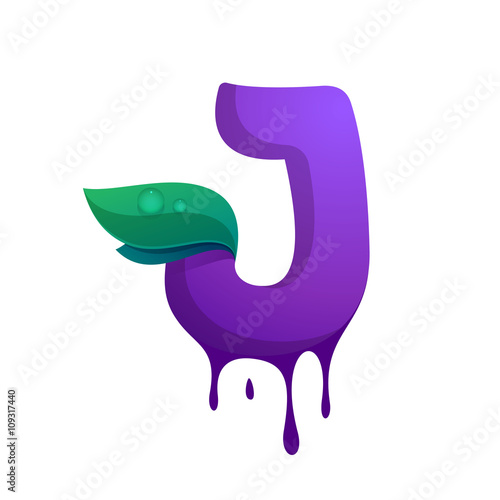 J letter with blueberry juice drops and leaves.