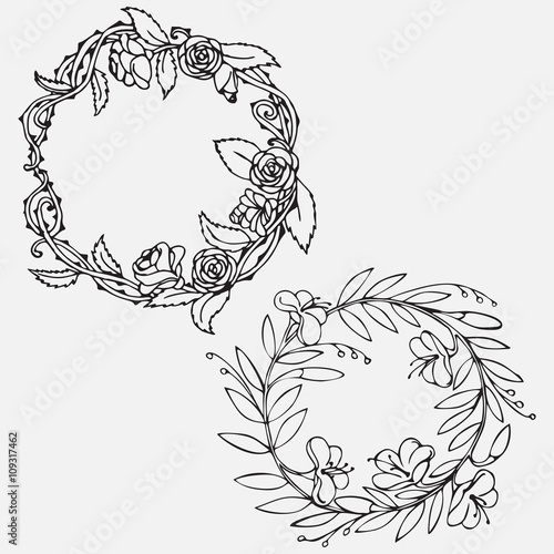 Hand drawn Vintage decorative lovely set of laurels and flower wreaths Doodle ancient wreath, decorative design element