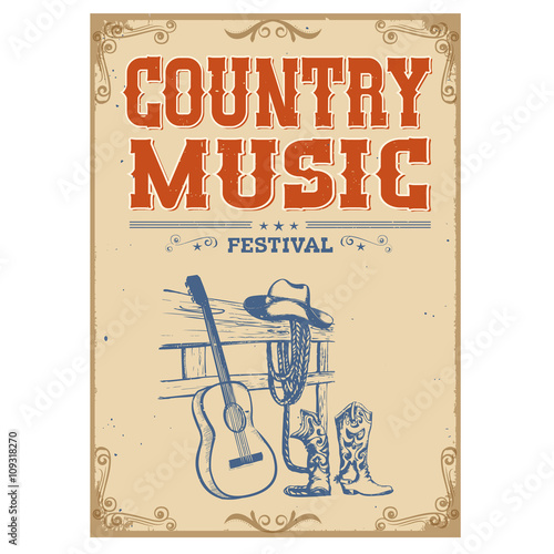 Music concert vintage poster on old paper background with guitar