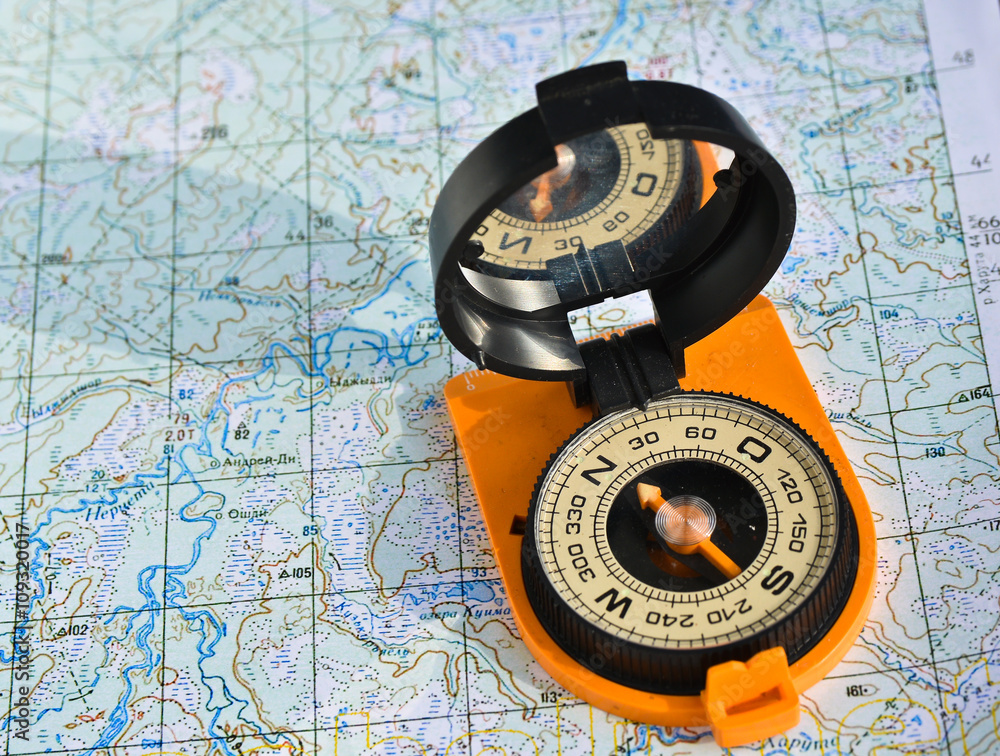 compass on the map. compass on the map.