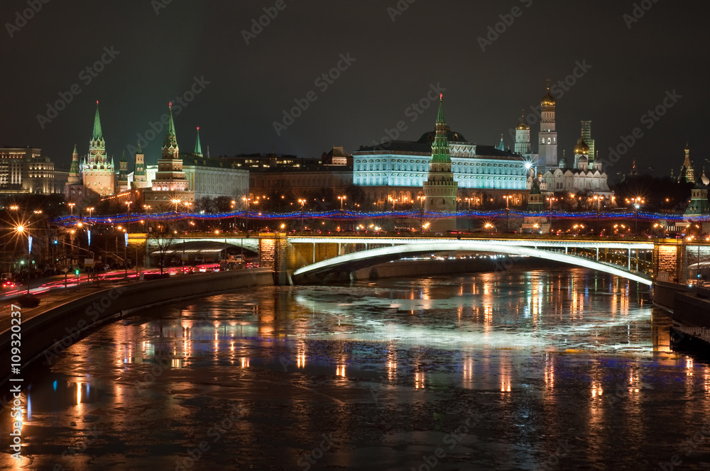 The Moscow Kremlin at night.