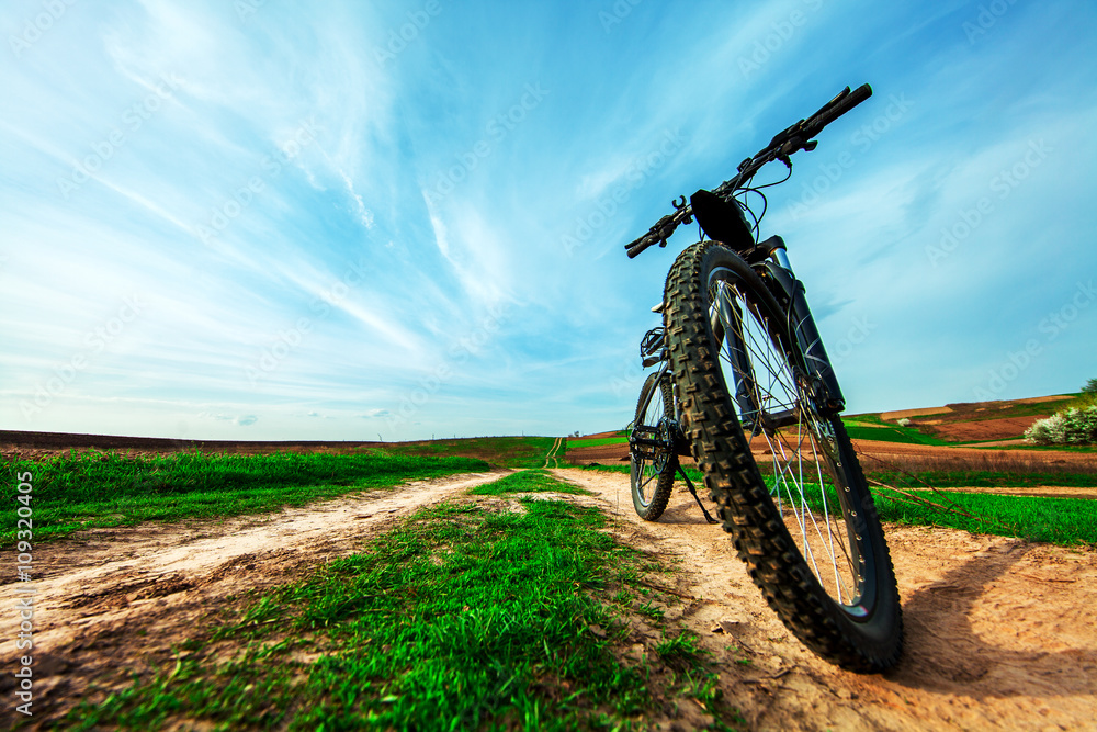 Obraz premium Mountain biking down hill descending fast on bicycle. View from