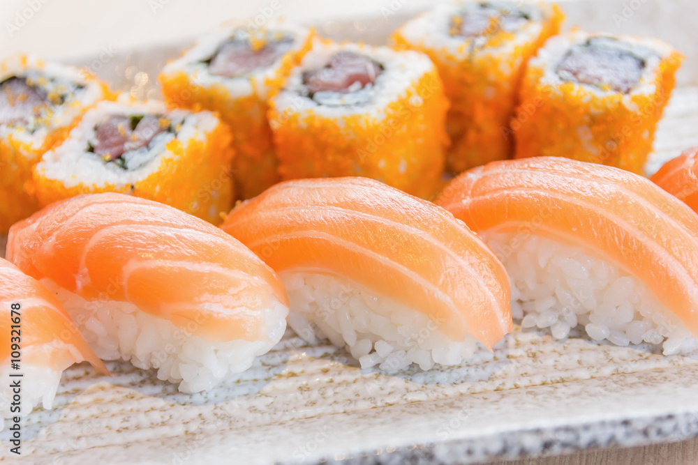 homemade sushi with salmon, cream cheese Philadelphia, Japanese homemade sushi with salmon, cream cheese Philadelphia, Japanese