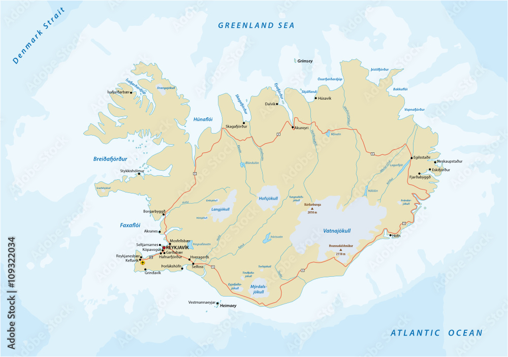 detailed vector road map of republic of iceland