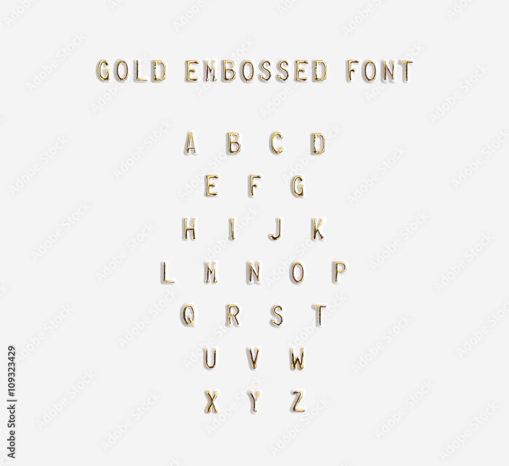 Gold embossed alphabet isolated, 3d illustration. Golden typing font