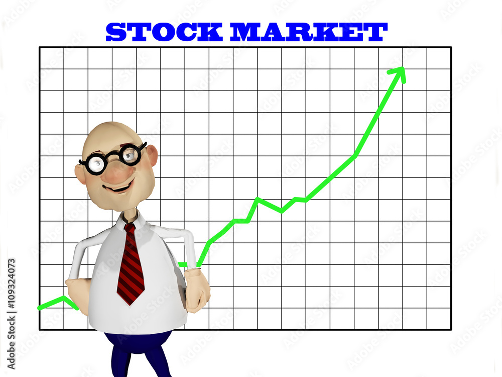 3d illustration of a happy investor in front of a graph showing a rising stock market chart 3d illustration of a happy investor in front of a graph showing a rising stock market chart