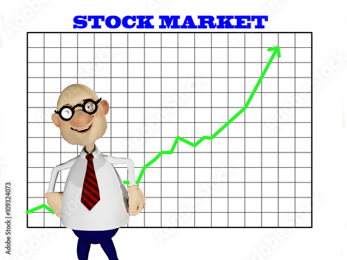 3d illustration of a happy investor in front of a graph showing a rising stock market chart