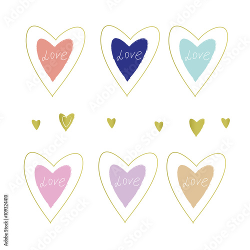 Love Hearts icons set, hand drawn illustration for valentines day, wedding design, greeting cards. Gold and pastel colored