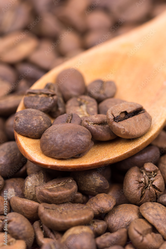 Coffee beans on the wooden spoon macro closeup Coffee beans on the wooden spoon macro closeup