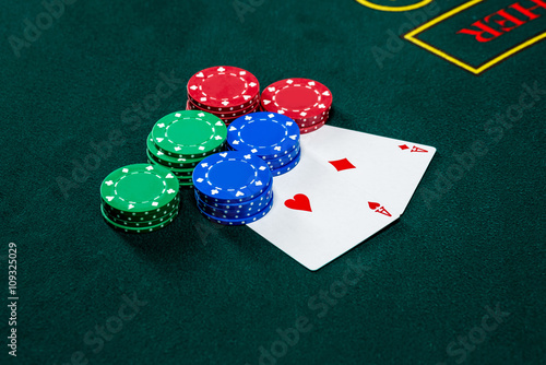 Poker play. Chips and cards