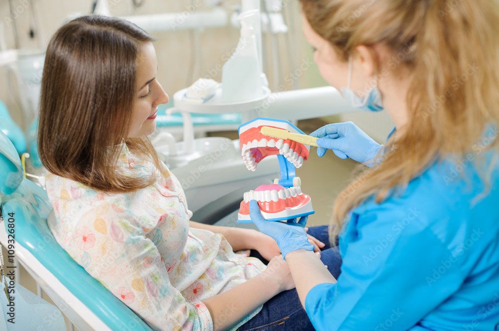 Young woman dentist showing dental jaw model to female patient in dentist's clinic. Dentistry. Stomatology tools. Dental care and treatment. Young woman dentist showing dental jaw model to female patient in dentist's clinic. Dentistry. Stomatology tools. Dental care and treatment.
