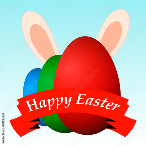 Happy easter bunny rabbit behind eggs with red ribbon