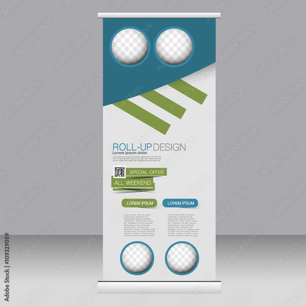 Roll up banner stand template. Abstract background for design, business, education, advertisement. Green and blue color. Vector illustration. Roll up banner stand template. Abstract background for design, business, education, advertisement. Green and blue color. Vector illustration.