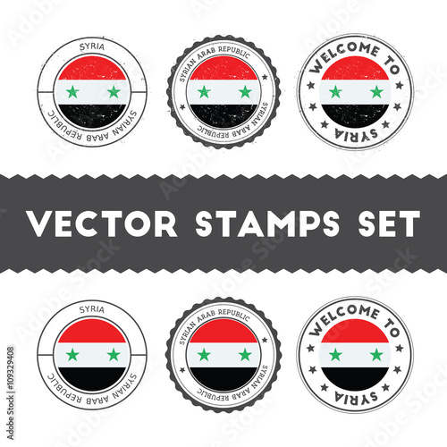 Syrian flag rubber stamps set. National flags grunge stamps. Country round badges collection.