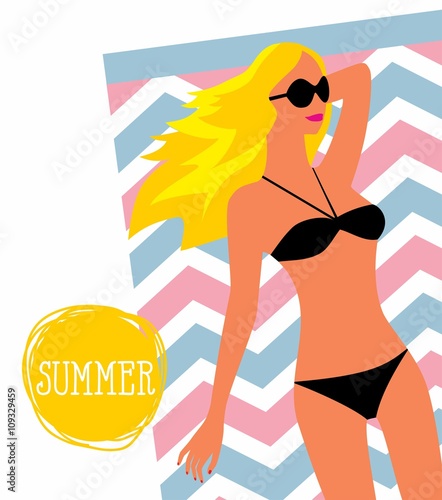 vector illustration Girl in sunglasses and swimsuit sunbathing