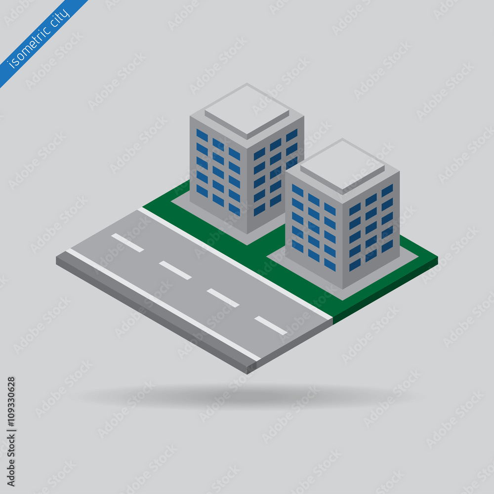 isometric city - road and two buildings