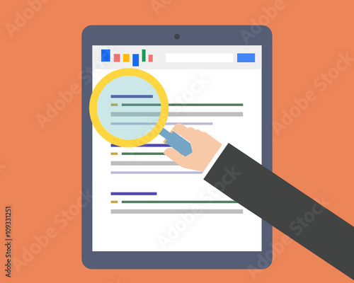 Work with the search engines. Growth in the Internet. The tablet in style to the flat. Schedule. SEO. Raising site to the top. Vector illustration.