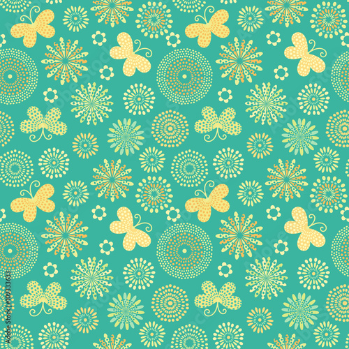 Bright colorful summer flowers and butterflies background. Vector seamless pattern.