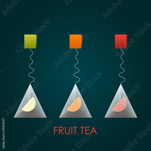 Isolated pyramid of black tea with fruits. Vector illustration.