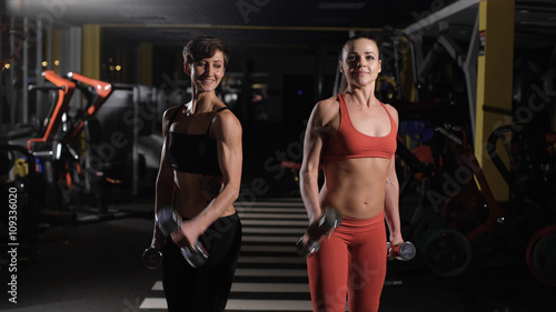 two cute girls doing exercises with dumbbells.