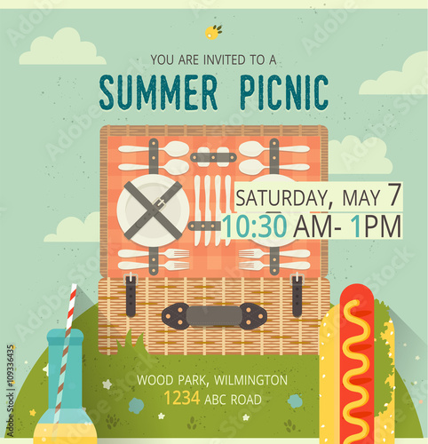 Vector picnic glade card. Food and pastime illustration. Flat. Design of invitation family card 