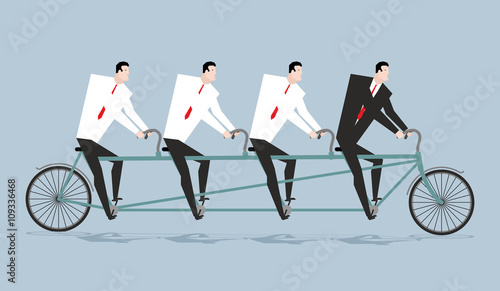 Tandem managers. Businessmen riding bicycle. Corporate walk. Bos