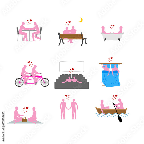 LGBT silhouettes set. Pink people in movie theater. Lovers in ba