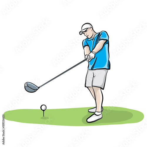 Golfer Swinging Club Hand Drawn Illustration