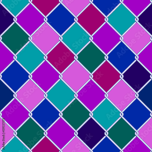 Silver wire grid seamless pattern on motley rhomboids background