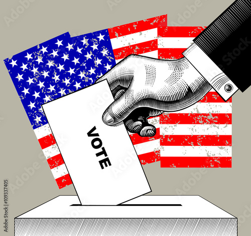 Hand with a voting paper in the ballot box on USA flag background