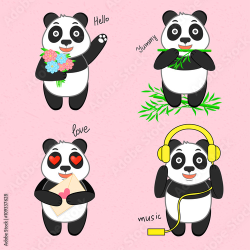 Забавная панда в четырех вариантах, бамбук, музыка, цветы, любовь