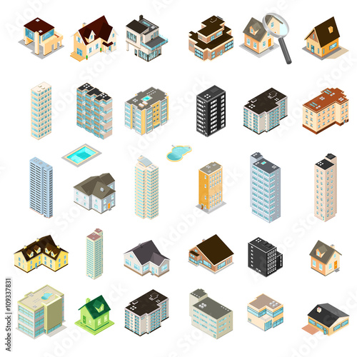 Isometric Vector illustration set of homes, hotels and apartments.
Generic residential homes, hotels and renting accommodation properties.