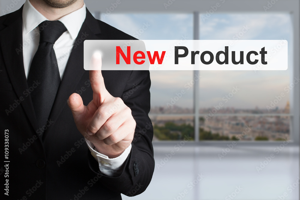 businessman pushing flat touchscreen button new product businessman pushing flat touchscreen button new product