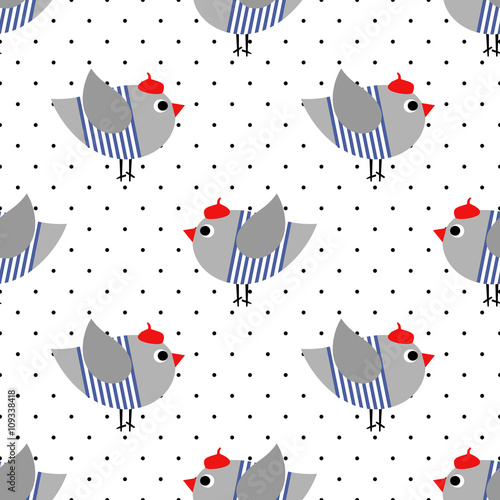 French style birdie seamless pattern on polka dots background. Cartoon parisian bird vector illustration. Child drawing style birdie. French style dressed sparrow with red beret and striped frock.