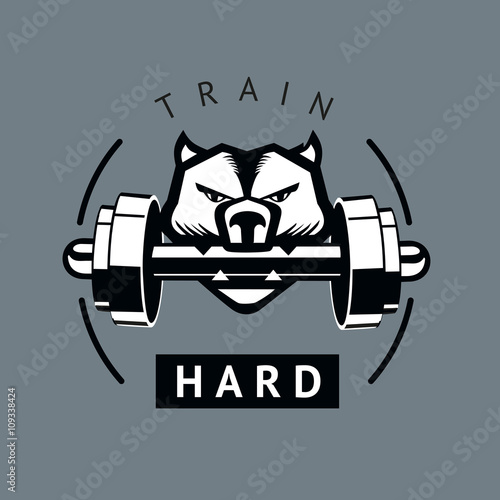 Angry dog with dumbbells. Sports motivation poster. Isolated vector sign