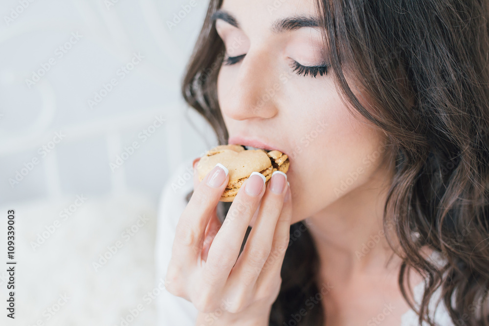Beautiful young woman in white negligee in the morning Beautiful young woman in white negligee in the morning